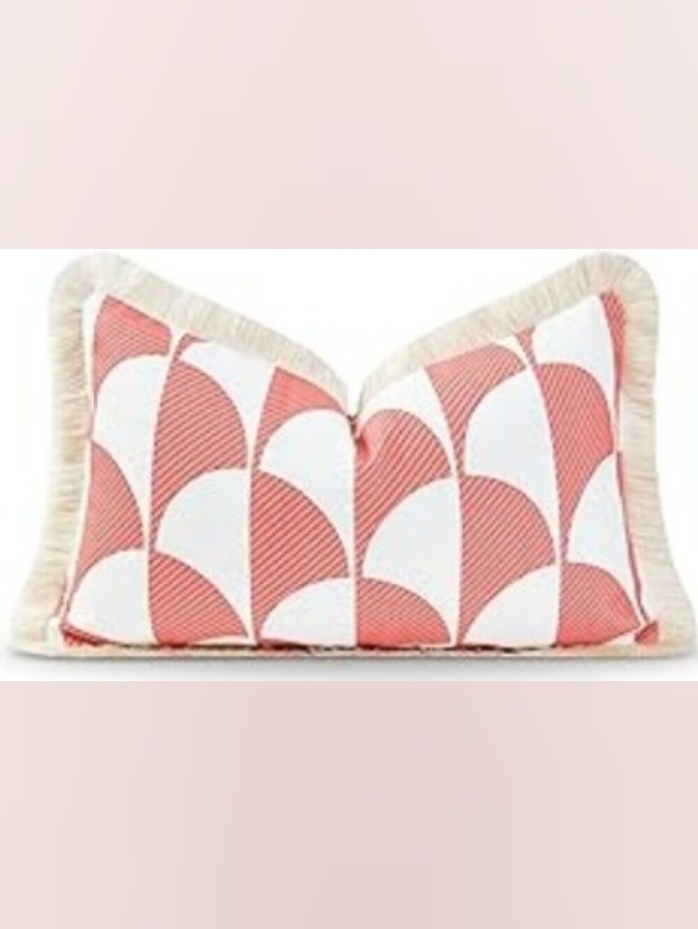 Decorative Coral and White Geometric Fringe Outdoor Throw Pillow Cover